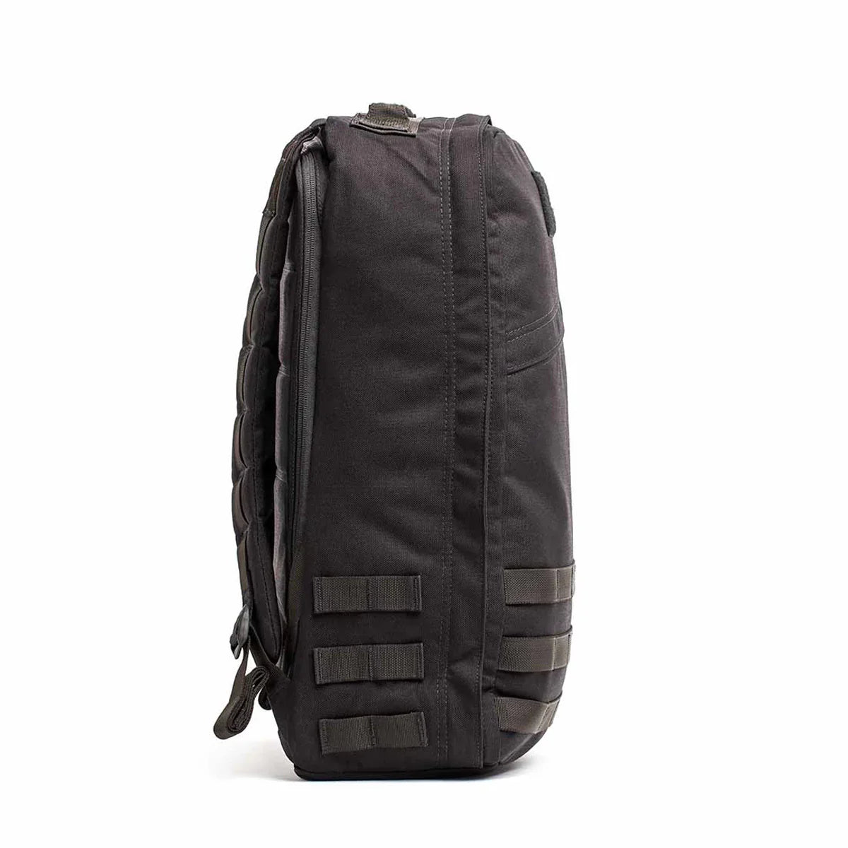 GORUCK black rucking backpack side view with MOLLE webbing, durable outdoor gear