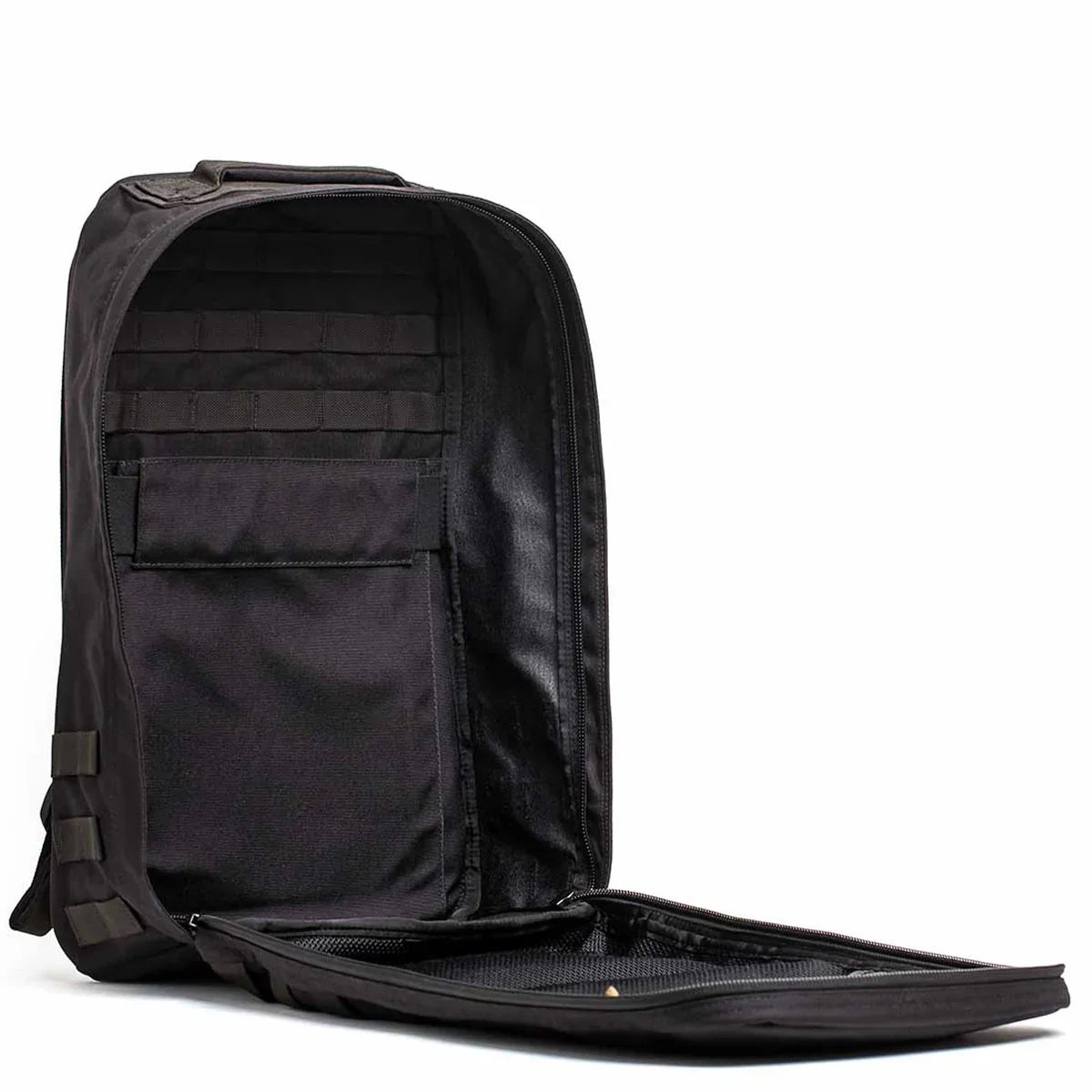 GORUCK black rucksack open to show spacious interior and durable compartment design