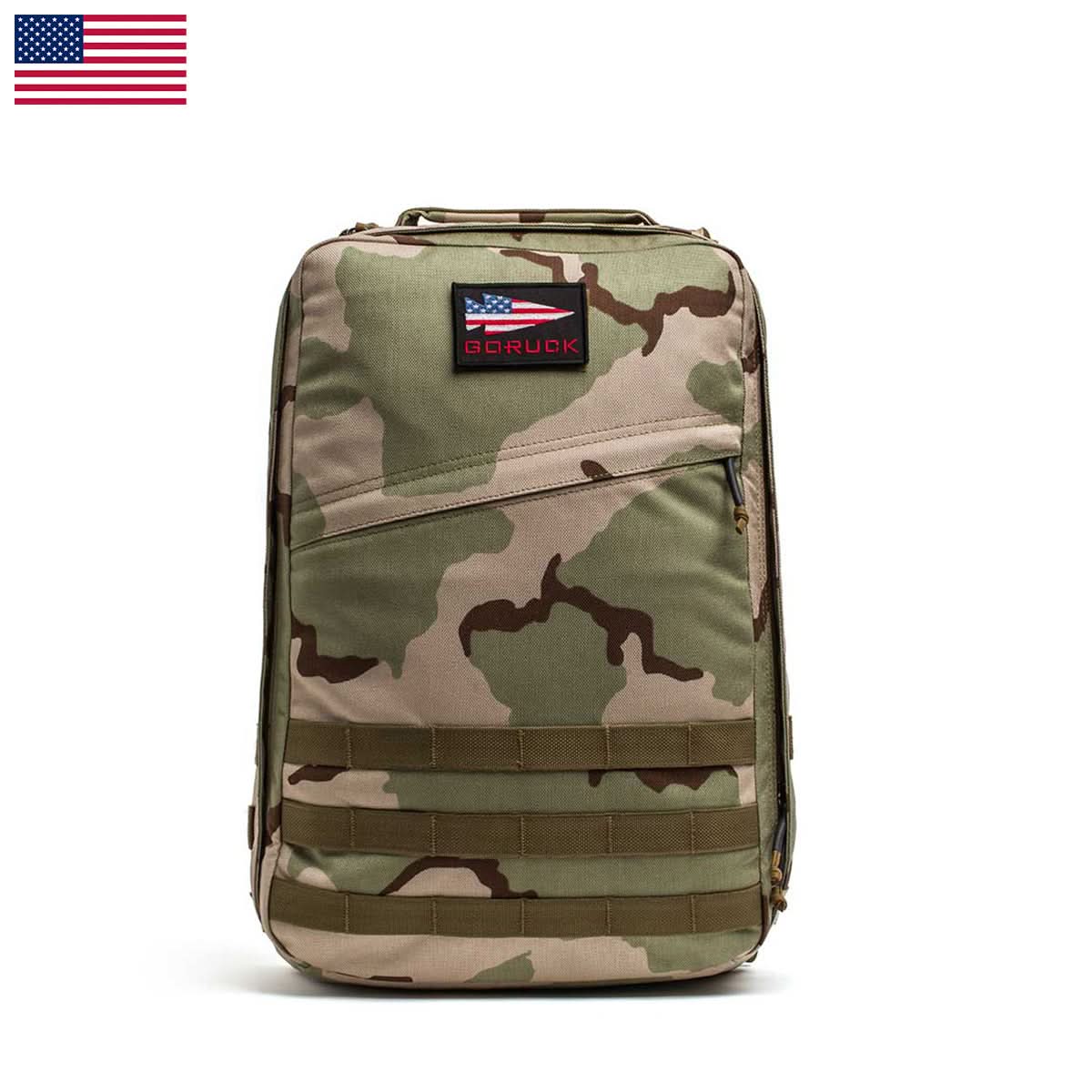 GR1 USA - Ballistic Nylon Cordura (The Original Ruck) with 210D back panel and zippered front pocket, shown with a USA flag patch. Ideal for everyday carry, this Special Forces-inspired backpack is displayed on a white background.