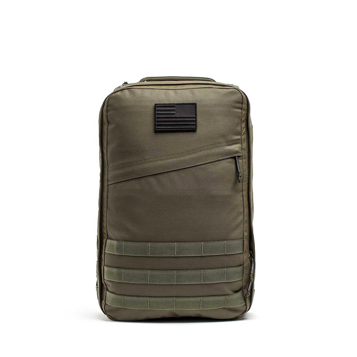 GORUCK 21L Ranger Green 1000D tactical backpack with black USA flag patch and MOLLE webbing