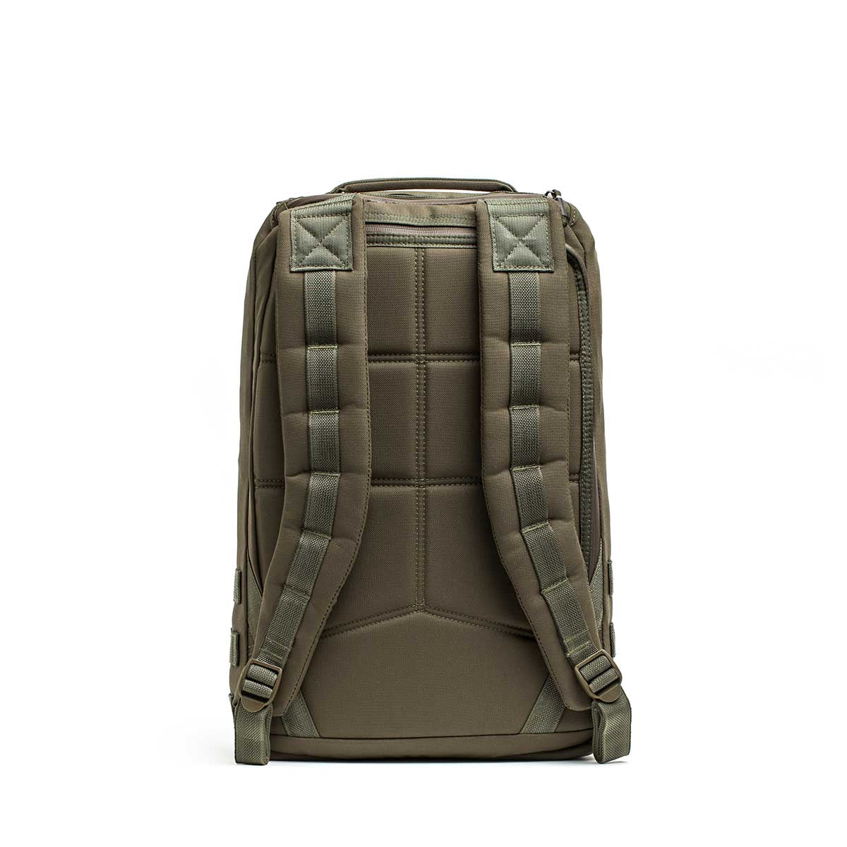 The GR1 USA - Cordura rucksack in green is shown from the back, featuring padded shoulder straps and a cushioned back panel.