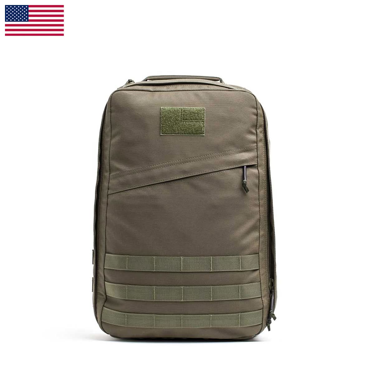 The GR1 USA - Ballistic Nylon Cordura backpack features a 210D back panel, front zipper, and straps, shown in green with a US flag accent on a white background—perfect as an everyday carry rucksack.
