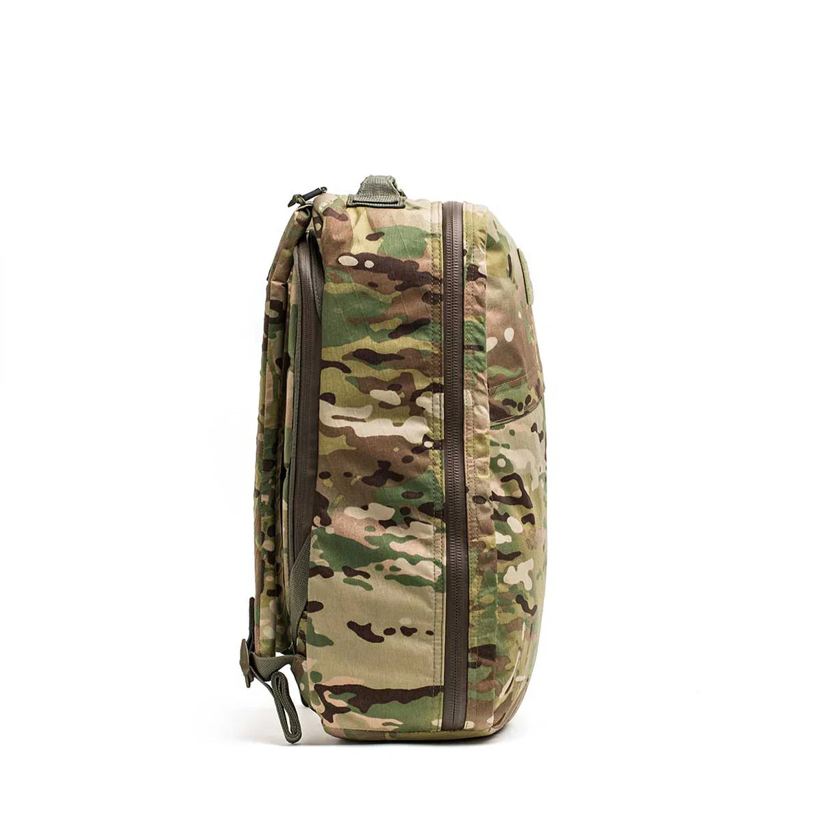 Side view of a GORUCK tactical rucksack in multicam camo with durable zippers on white background