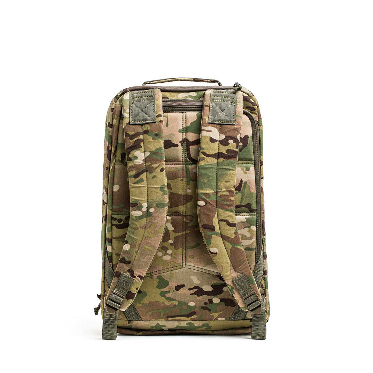 The GR1 USA - X-PAC is a camouflage backpack made from durable, waterproof material, equipped with two shoulder straps and a top handle, shown from the back.