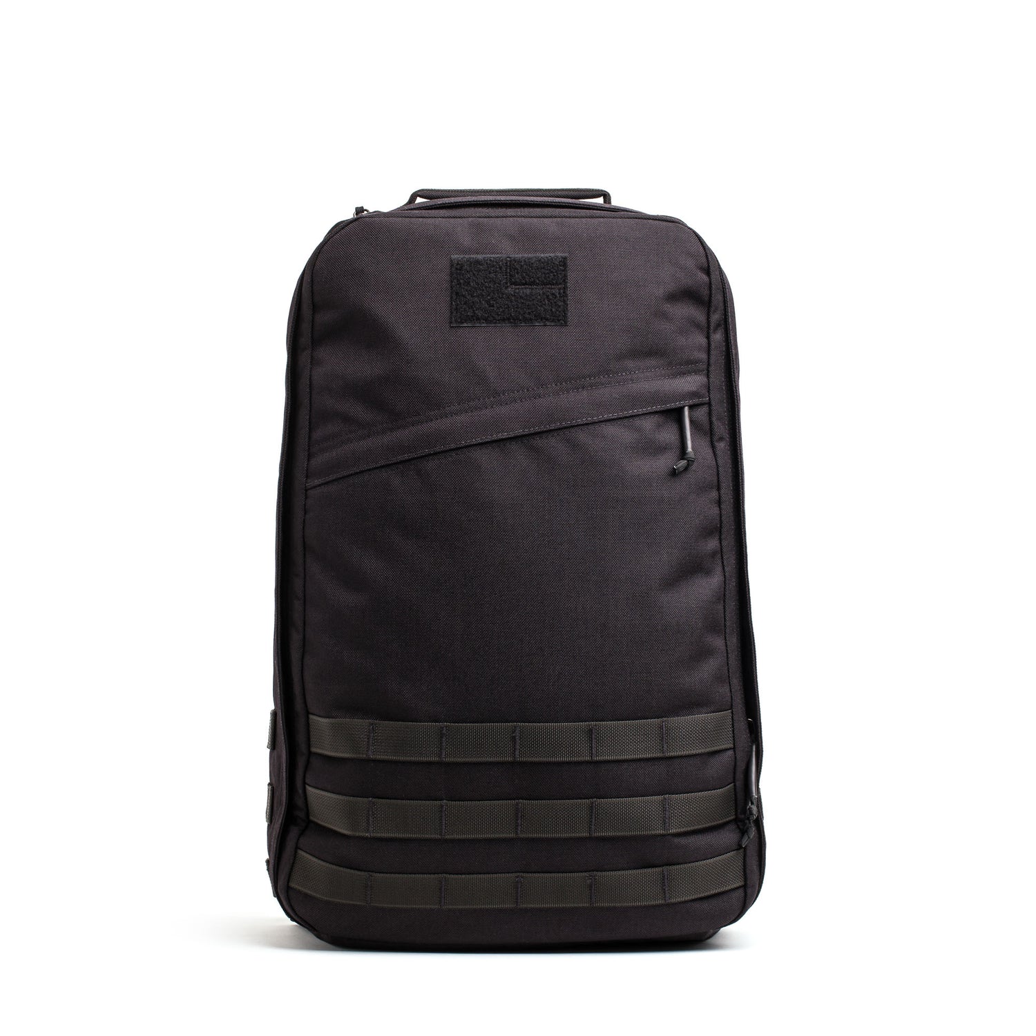 The GR1 USA - Cordura is a black rucksack with a top handle, front zipper pocket, and bottom horizontal webbing—built to Special Forces grade standards, perfect for your next GORUCK Challenge.