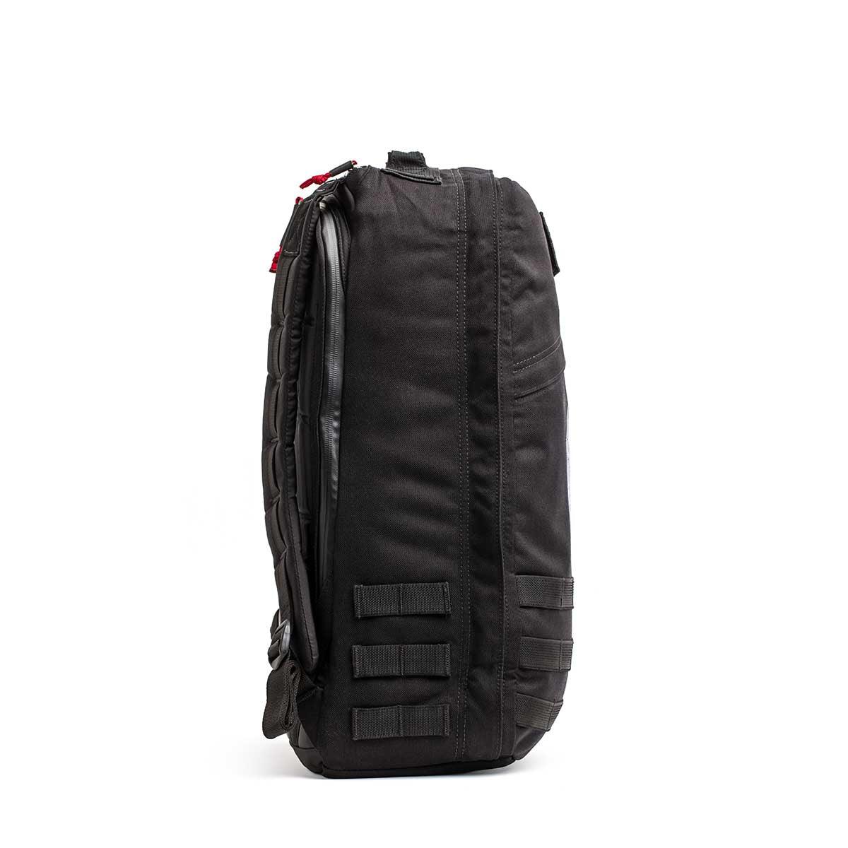 GORUCK GR1 26L black rucksack side view, rugged tactical backpack for rucking gear