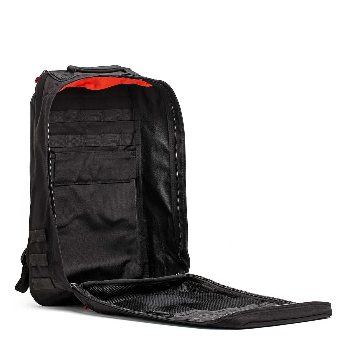 GORUCK GR1 26L black rucksack open flat, showing spacious interior with organizer pockets.