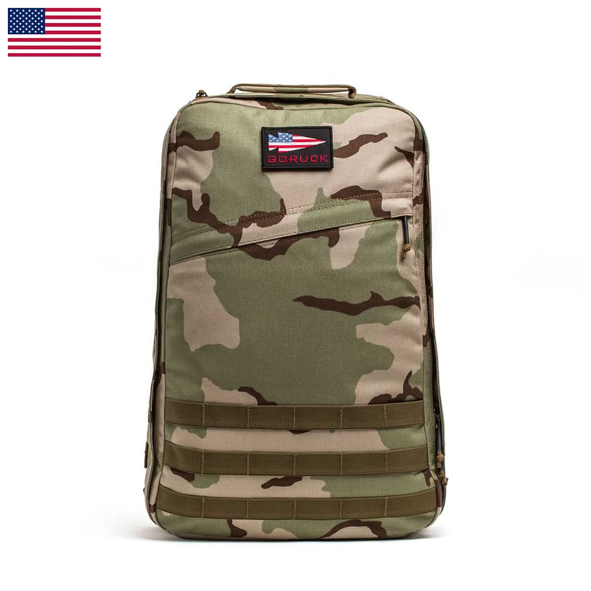 The GR1 USA - Ballistic Nylon Cordura (The Original Ruck) with a 210D back panel is a camouflage everyday carry backpack with an American flag patch, shown on a white background.
