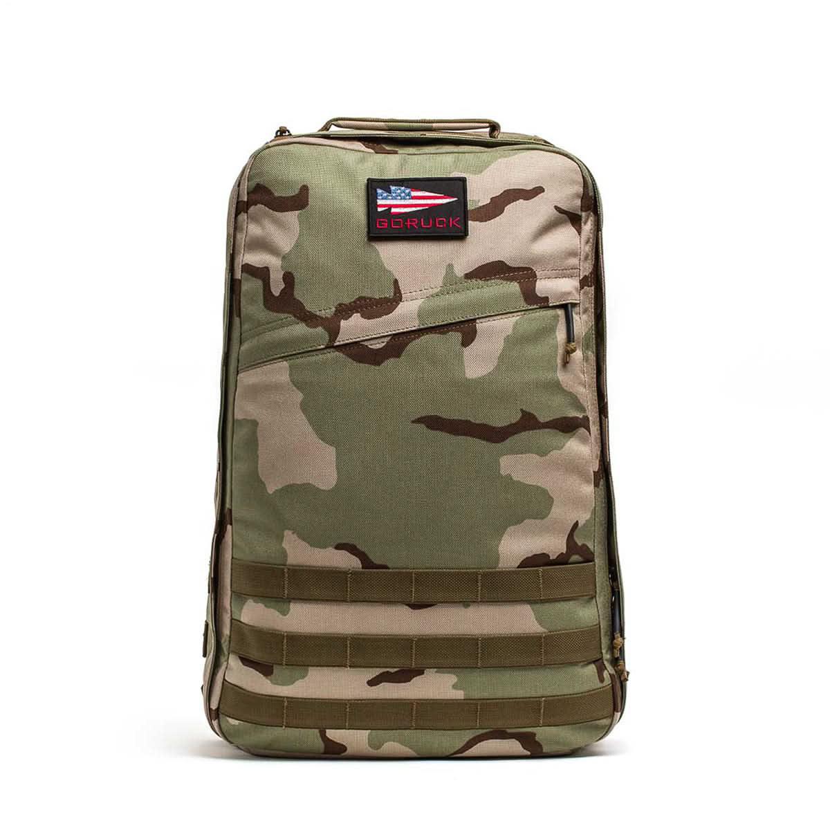 GORUCK 26L tactical rucksack with desert camouflage and American flag patch on front
