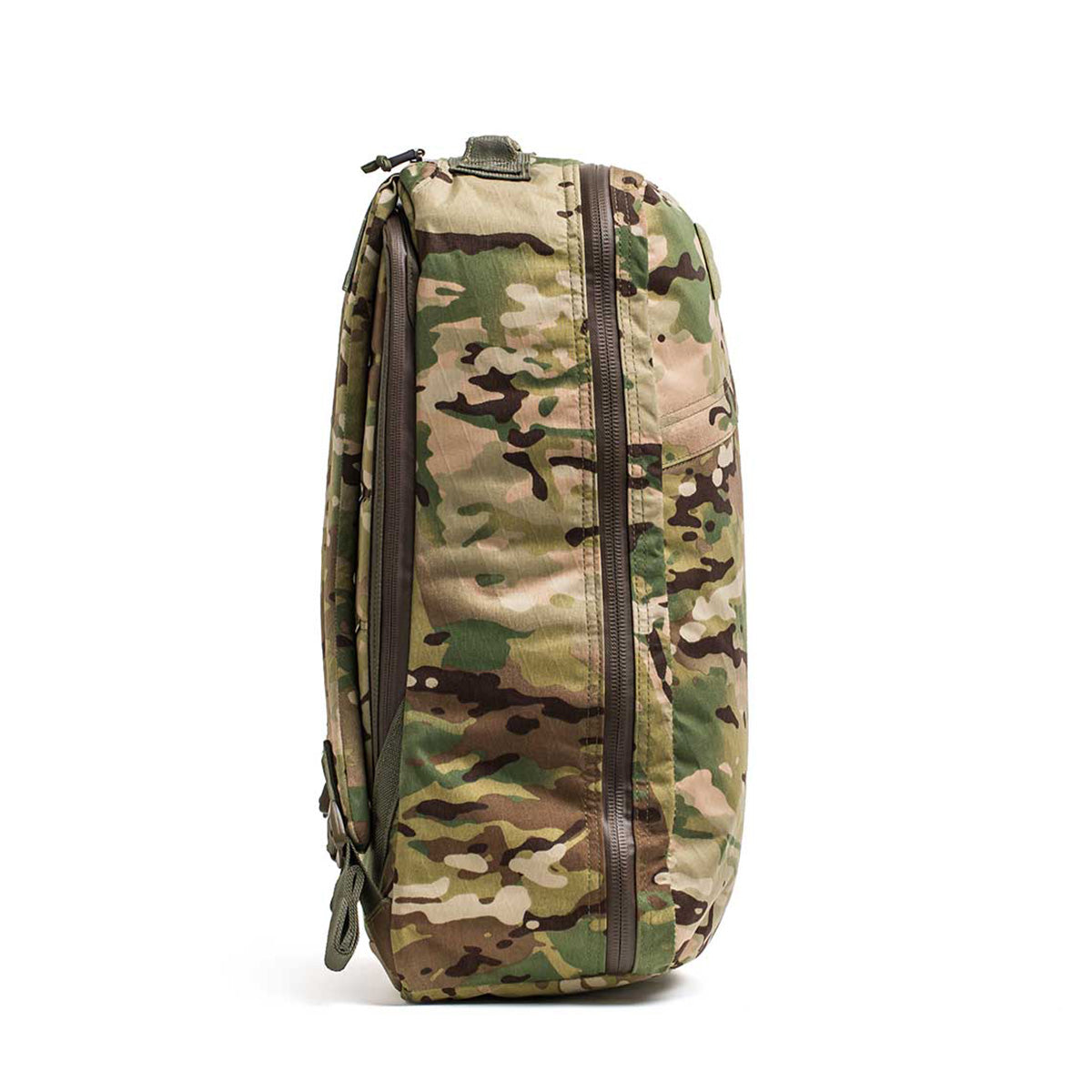 The GR1 USA - X-PAC rucksack in a camouflage pattern is displayed upright in a side view, showcasing its zipper and top handle.