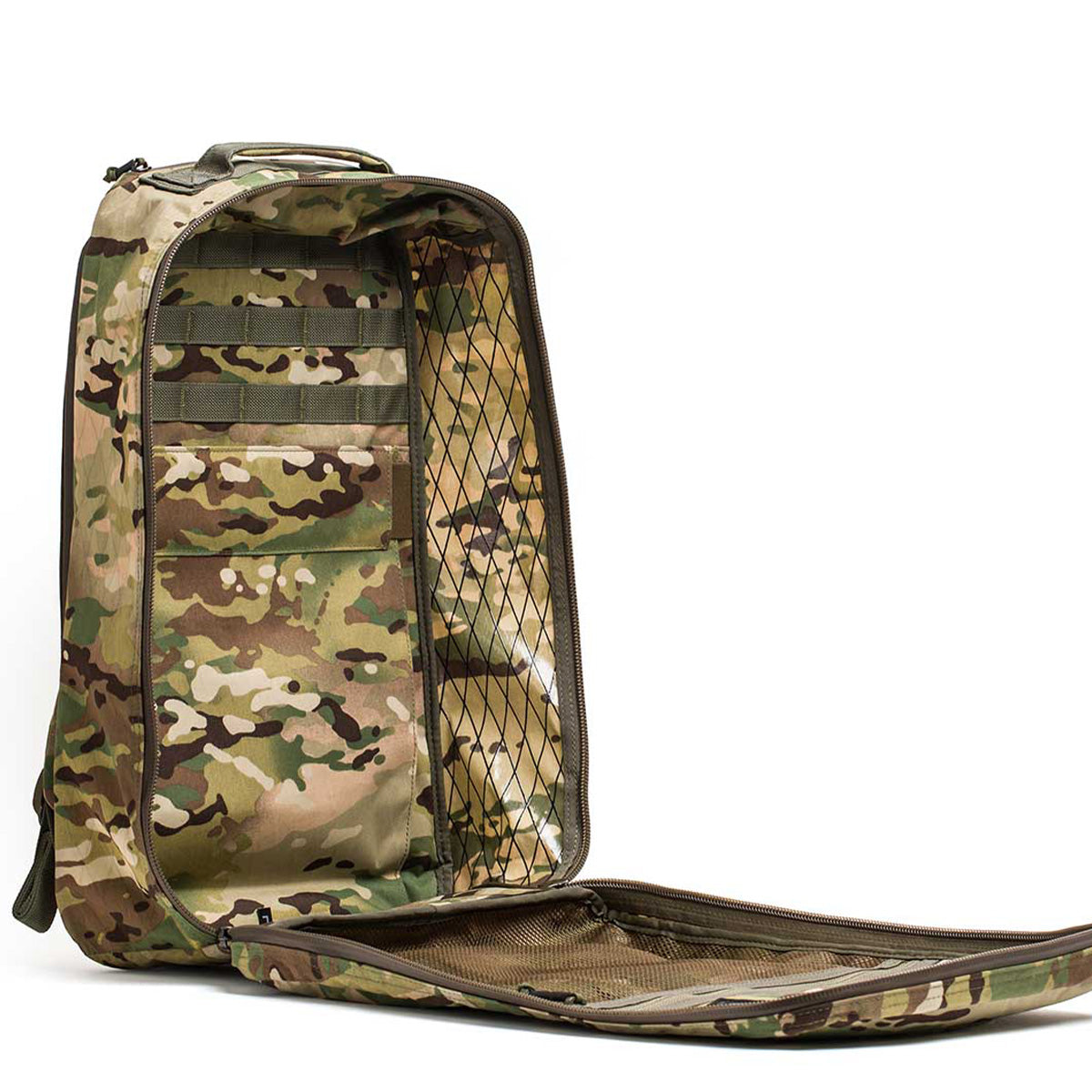 The GR1 USA - X-PAC camouflage rucksack features interior compartments with mesh pockets and multiple slots for organization, all made from durable X-PAC material to ensure a waterproof experience.