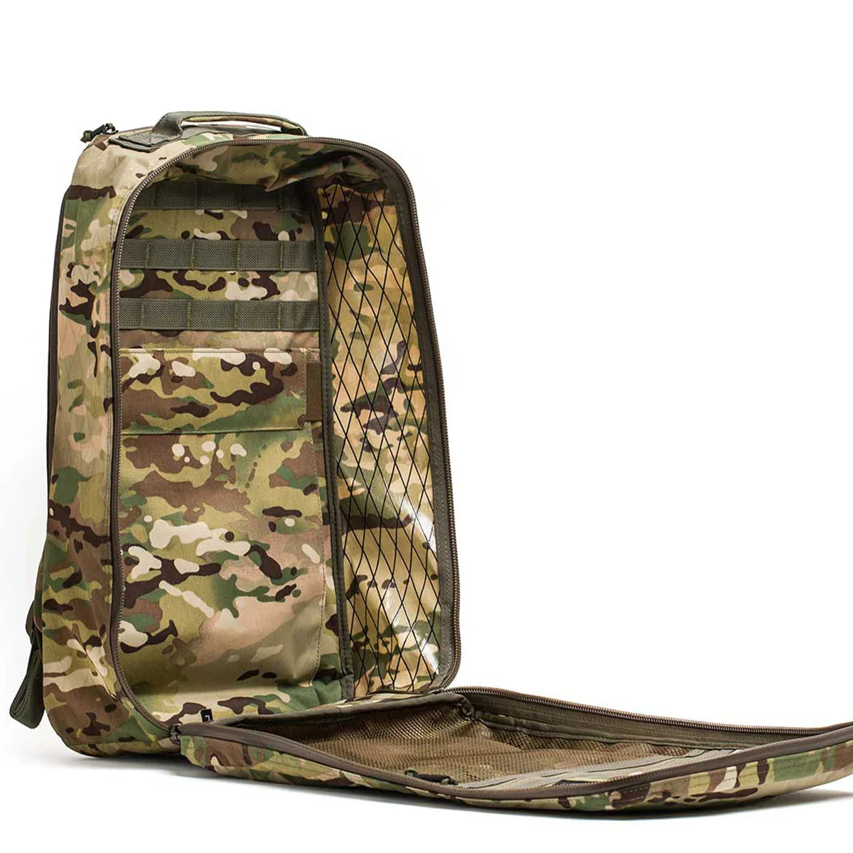GORUCK GR1 26L rucksack in multicam with open clamshell design showing interior organization