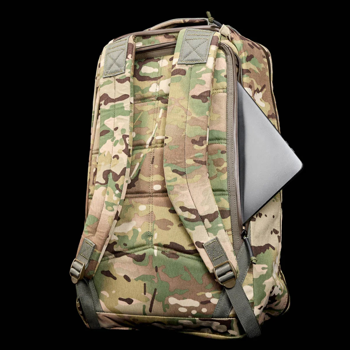 GORUCK 26L rucksack in Multicam with padded shoulder straps and laptop partially inserted
