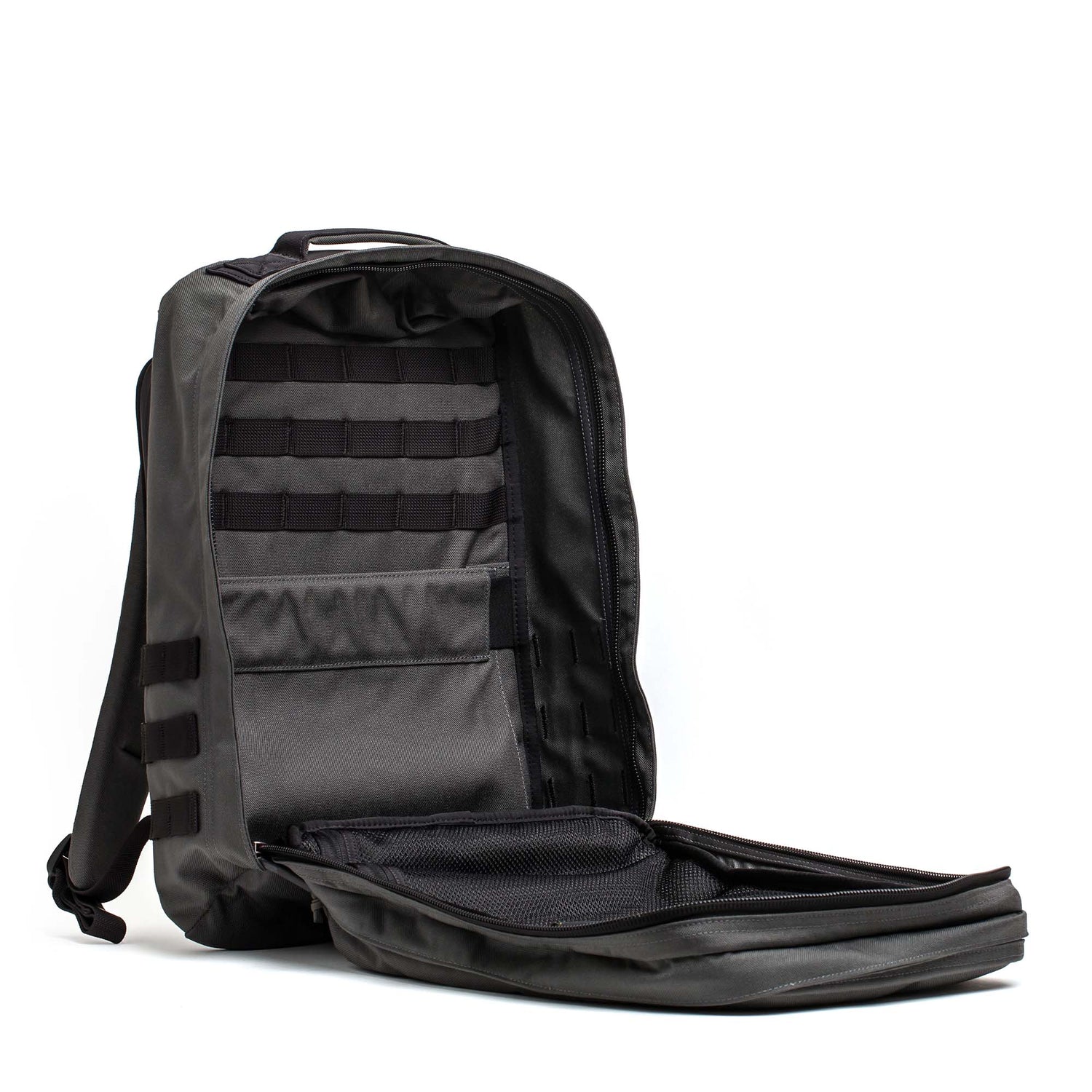 A black GR2 - Cordura ruck with its main compartment open, showcasing internal pockets and organization panels—ideal as a Special Forces backpack or dependable carry-on travel bag.