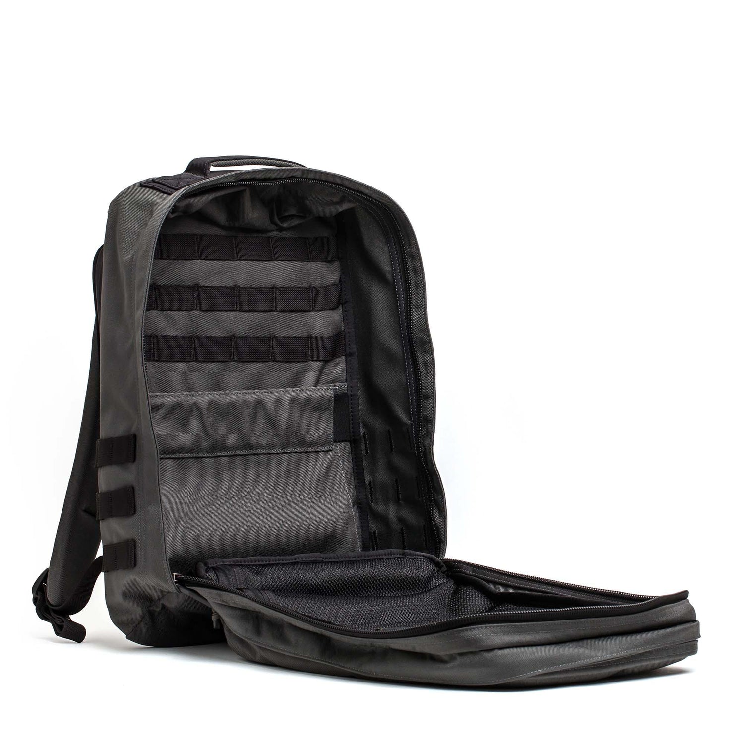 A black GR2 - Cordura ruck with its main compartment open, showcasing internal pockets and organization panels—ideal as a Special Forces backpack or dependable carry-on travel bag.