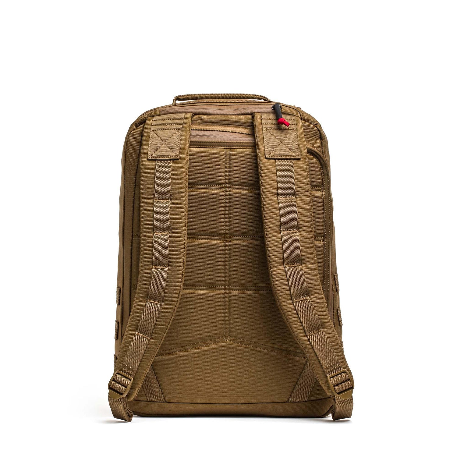 The GR2 - Cordura backpack in tan, shown from the back, is inspired by Special Forces packs and features padded shoulder straps plus a small zippered top pocket.