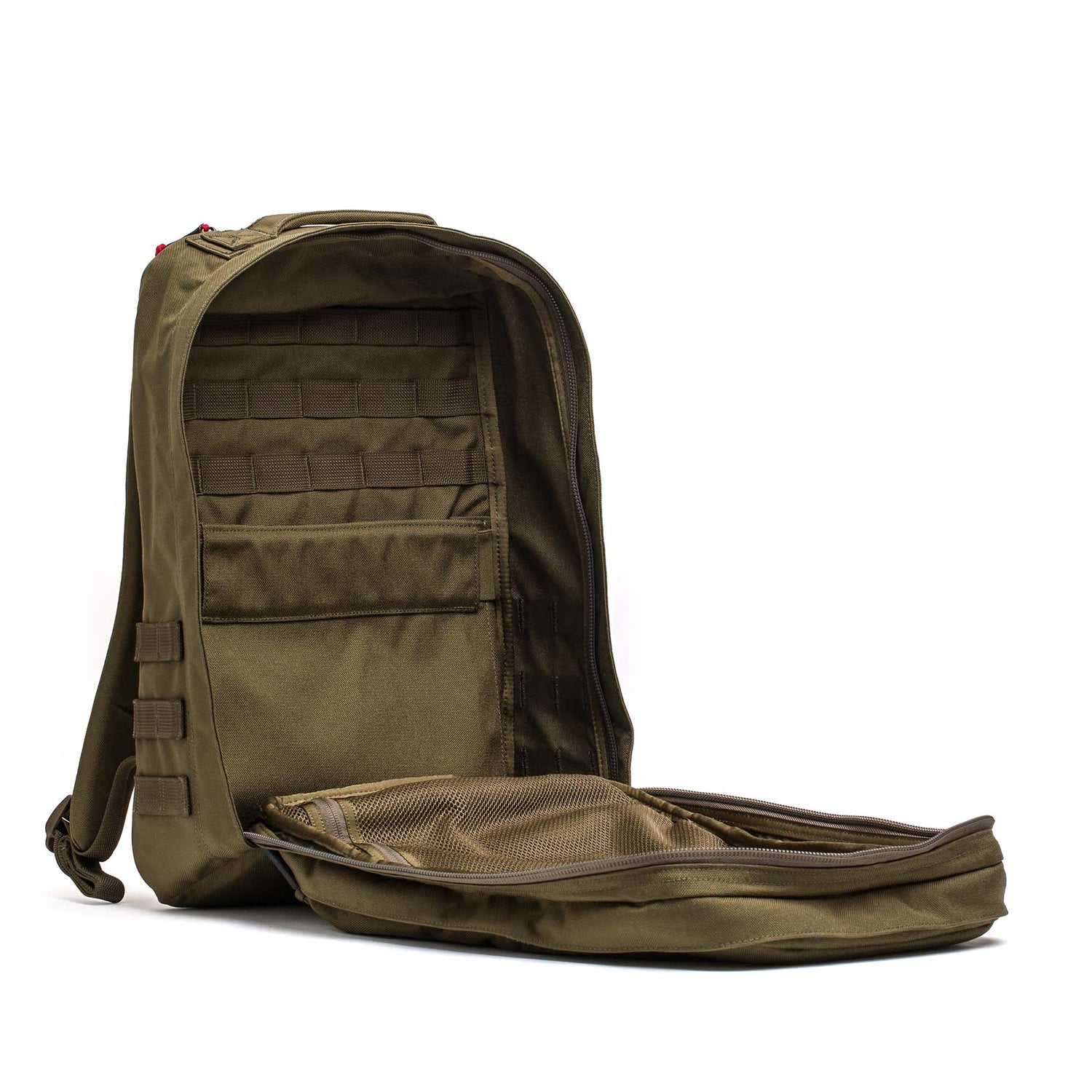 The GR2 - Cordura in olive green is unzipped and open, displaying interior pockets and mesh compartments—ideal as a carry-on ruck for organized adventures.