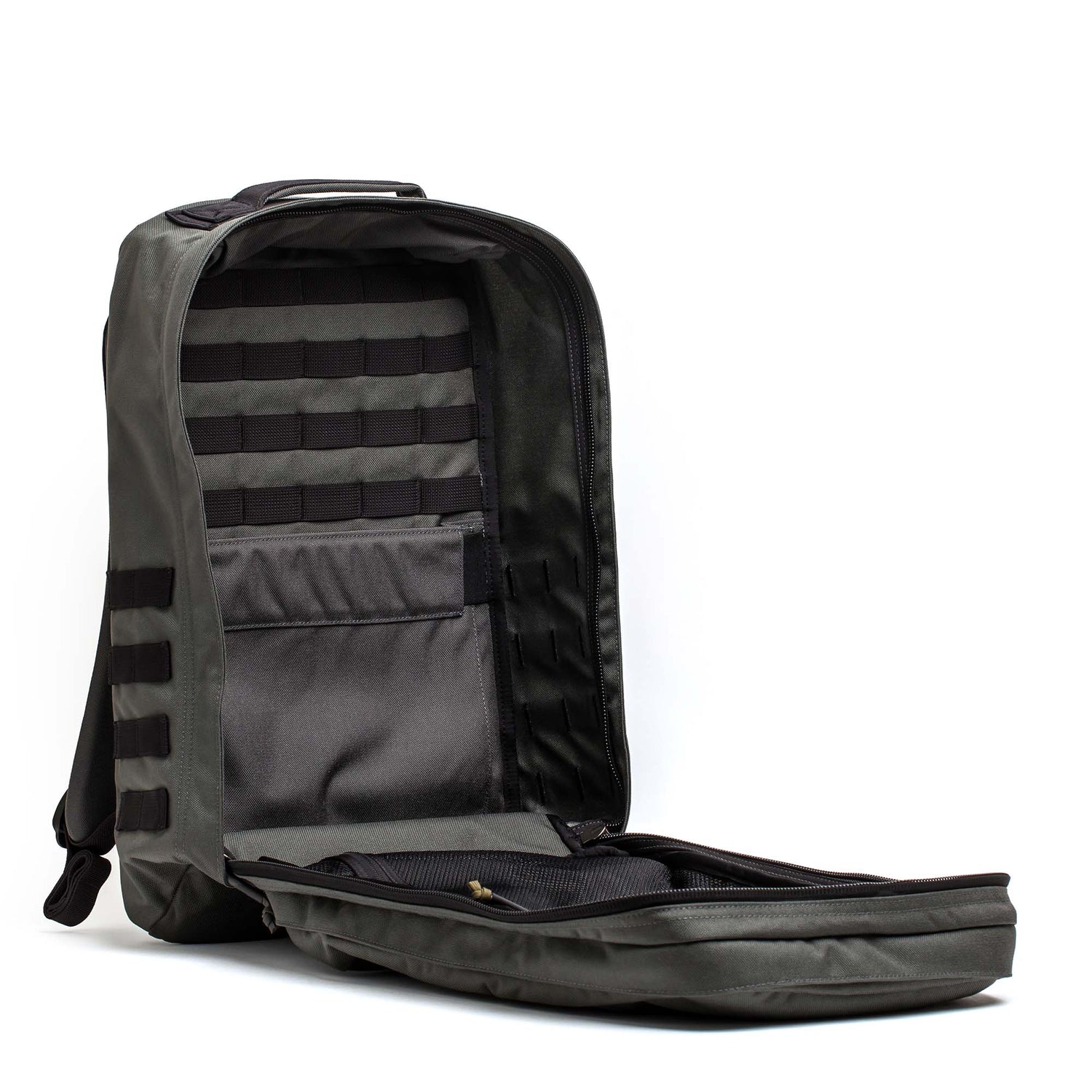 A dark gray GR2 - Cordura backpack with its main compartment open, showing multiple inner pockets and organizers—ideal as a carry-on travel bag.