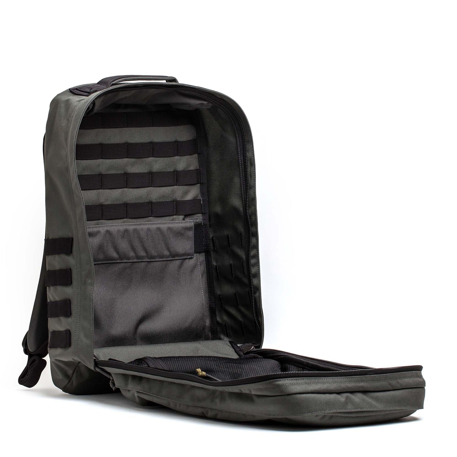 A dark gray GR2 - Cordura backpack with its main compartment open, showing multiple inner pockets and organizers—ideal as a carry-on travel bag.
