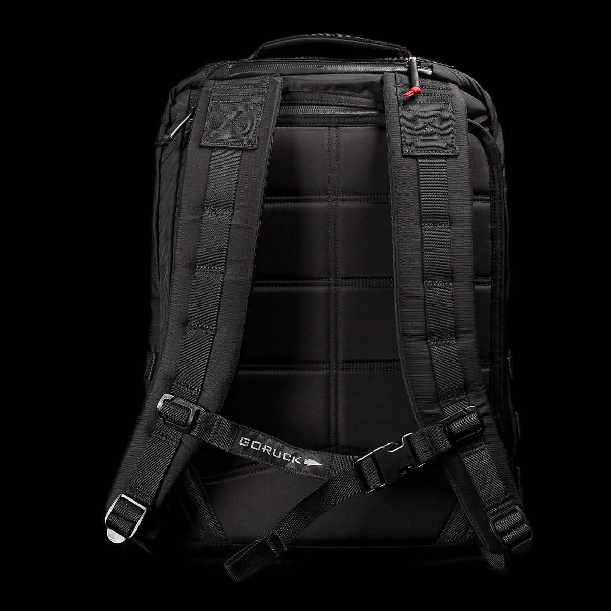 GORUCK black rucksack with padded straps and sternum support, shown on a black background