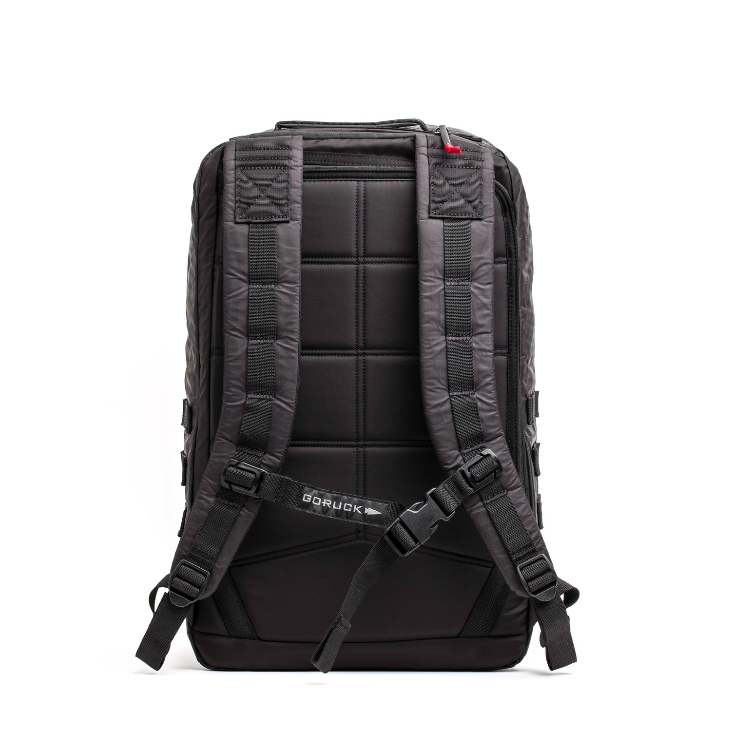 Back view of black GORUCK durable rucksack featuring padded shoulder straps and adjustable sternum strap