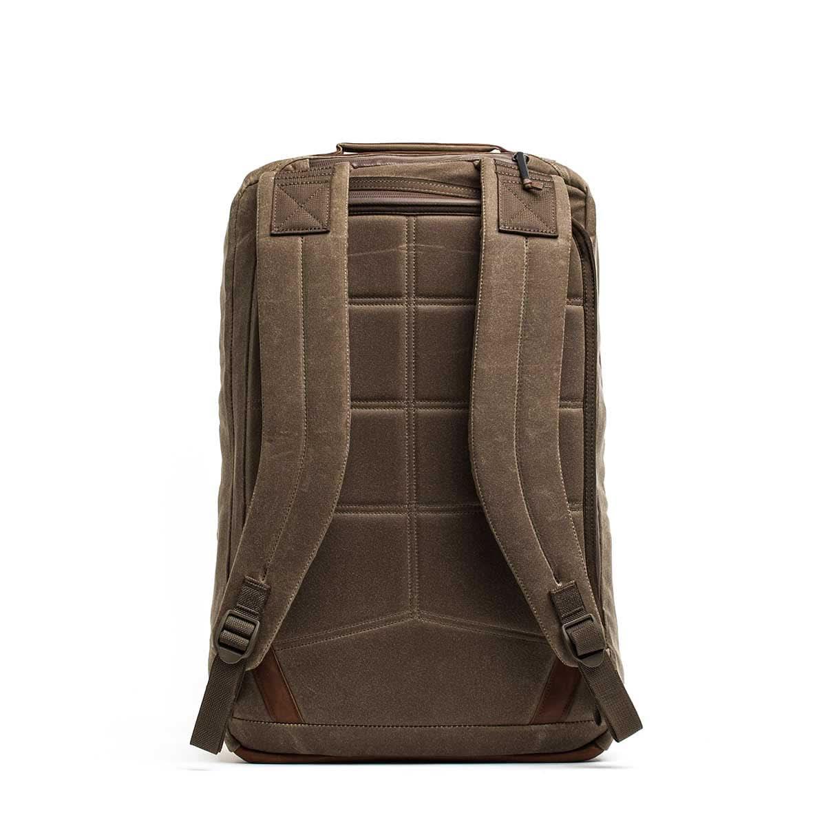 Back view of GORUCK Heritage backpack in Dark Oak with padded straps and reinforced bottom corners