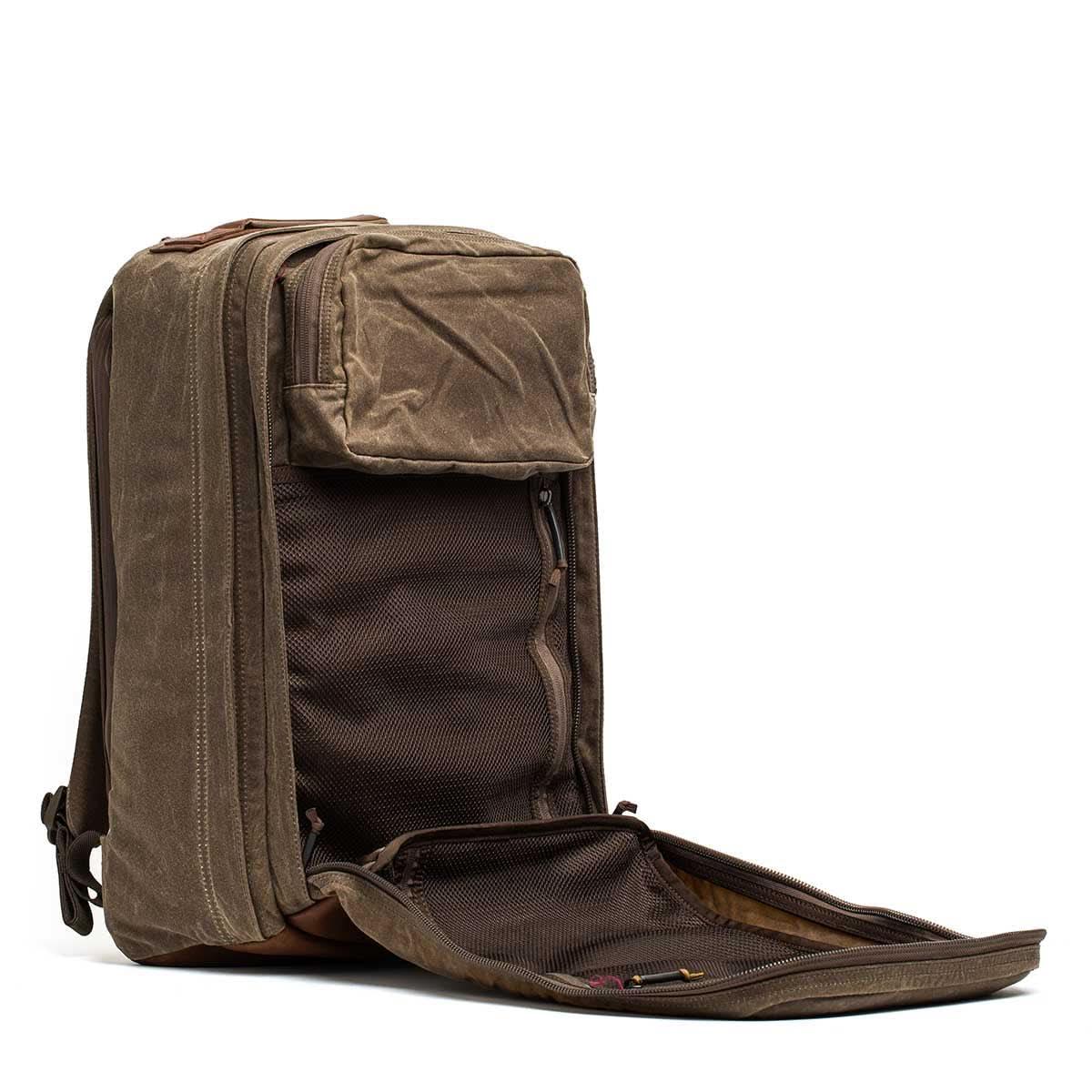 GORUCK Heritage Dark Oak rucksack with front pocket and open clamshell design showing mesh compartments