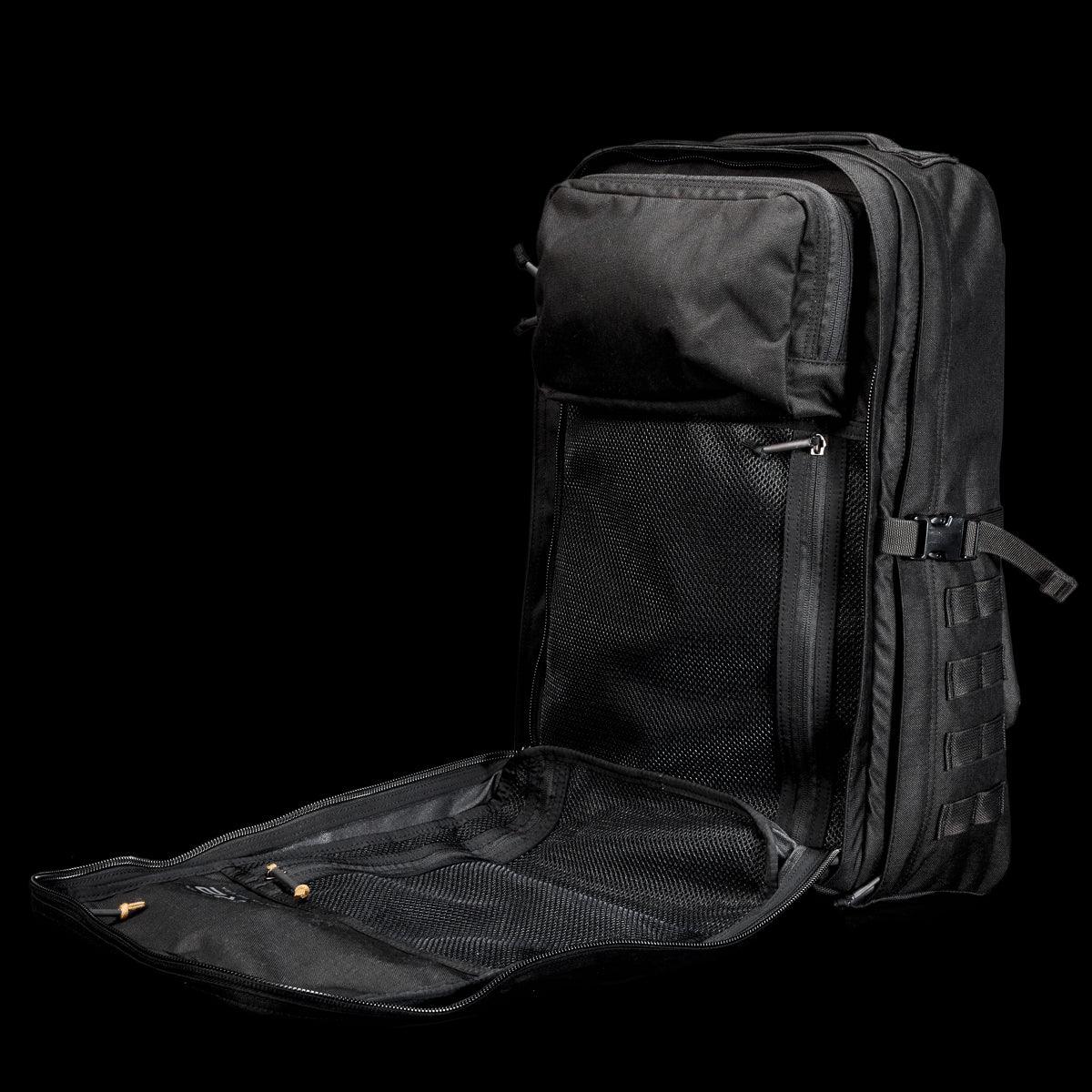 GORUCK tough black rucksack open showing mesh pockets and compartments for organized rucking gear