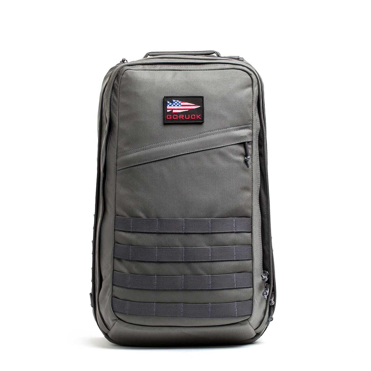 GORUCK GR2 40L backpack in wolf gray, tactical rucksack with American flag patch front view