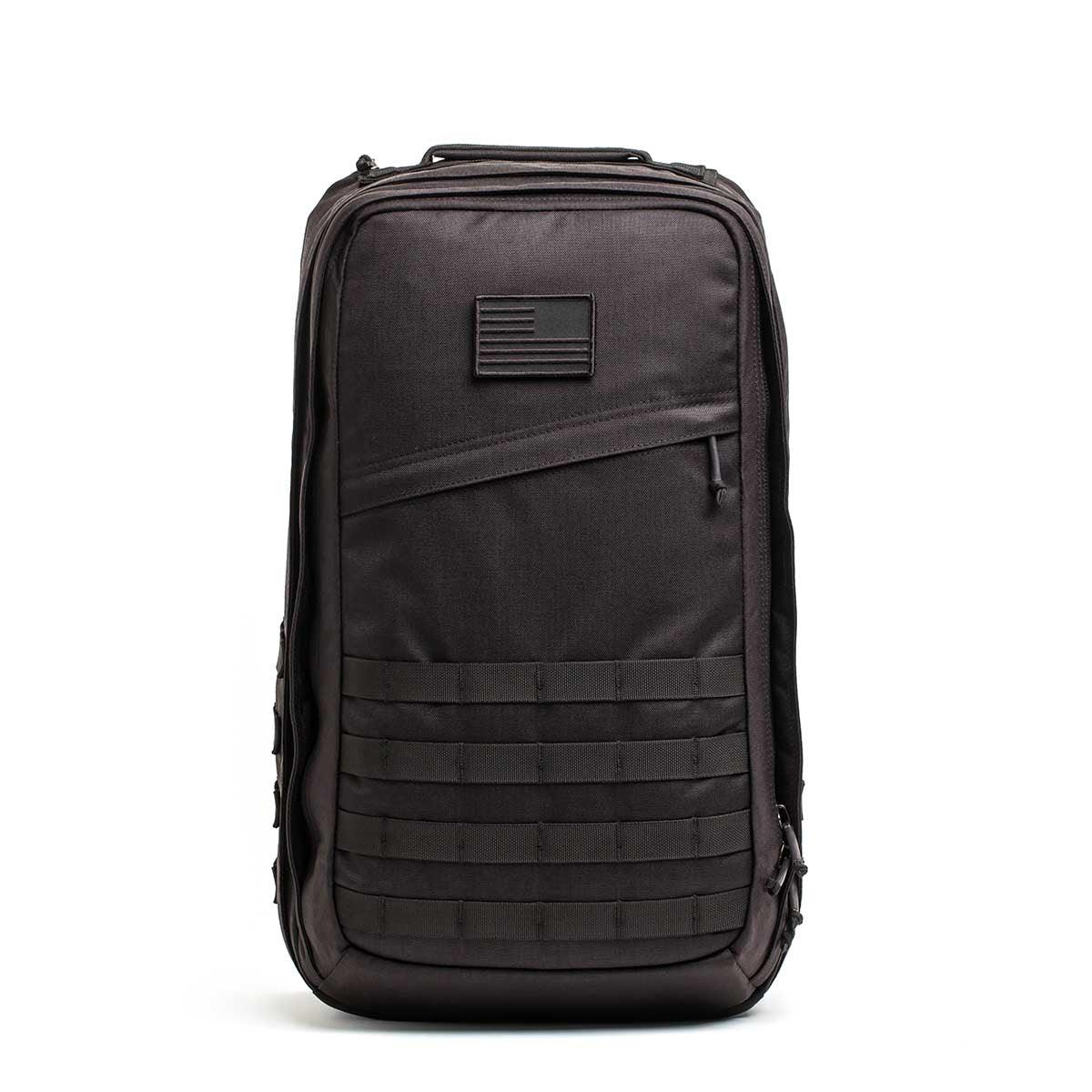 GORUCK GR2 40L black rucksack with American flag patch and MOLLE webbing, front view