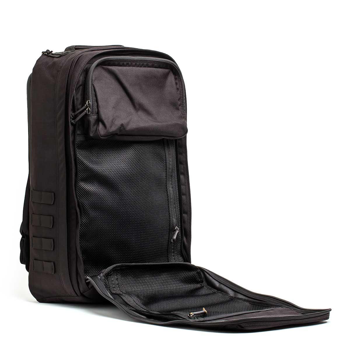 GORUCK black 40L rucksack with open front panel, rugged Cordura 1000D, multiple pockets visible