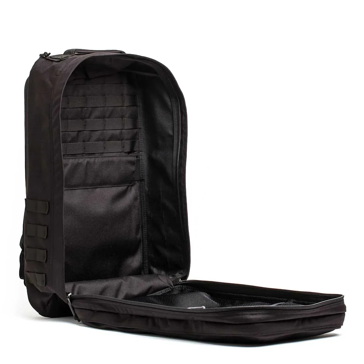 GORUCK black 40L rucksack open to show spacious interior with gear organization panel