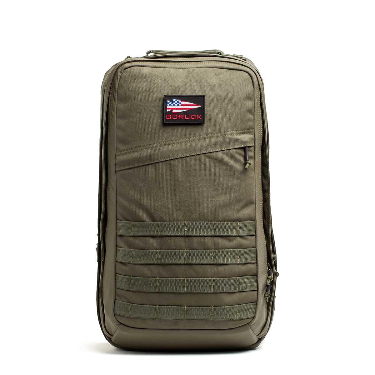 GORUCK 40L Ranger Green tactical rucksack with American flag patch and MOLLE webbing