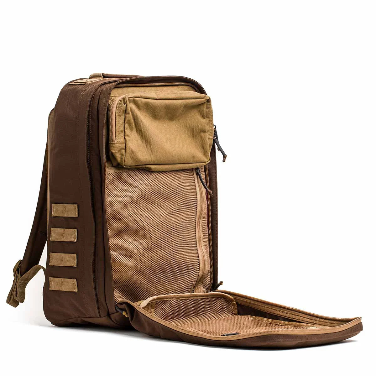 GORUCK rugged Java Coyote Cordura backpack open showing zipper compartments and mesh pockets with coyote color accents