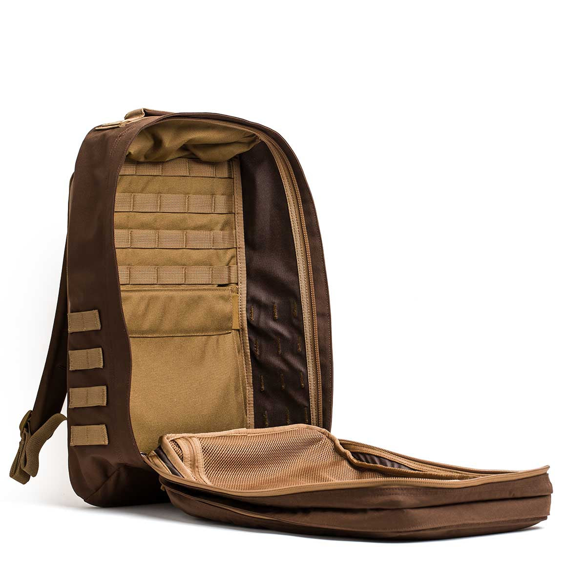 GORUCK tactical rucksack open showing Java Coyote Cordura interior and organized storage compartments