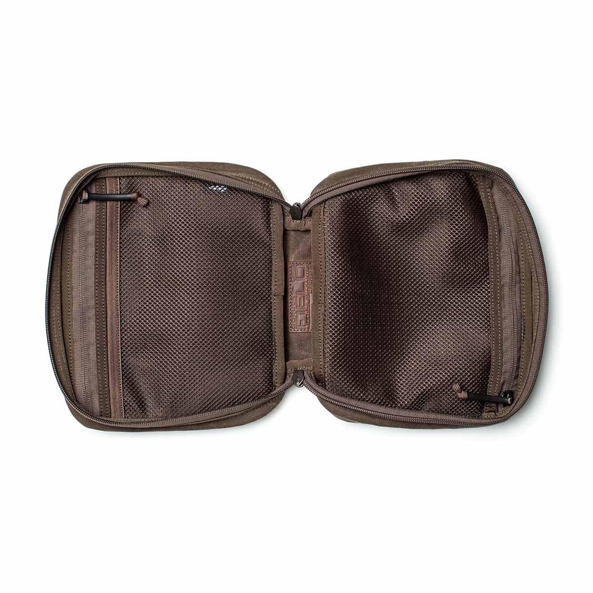 GORUCK Field Pocket Heritage Dark Oak open organizer pouch with mesh zippered compartments