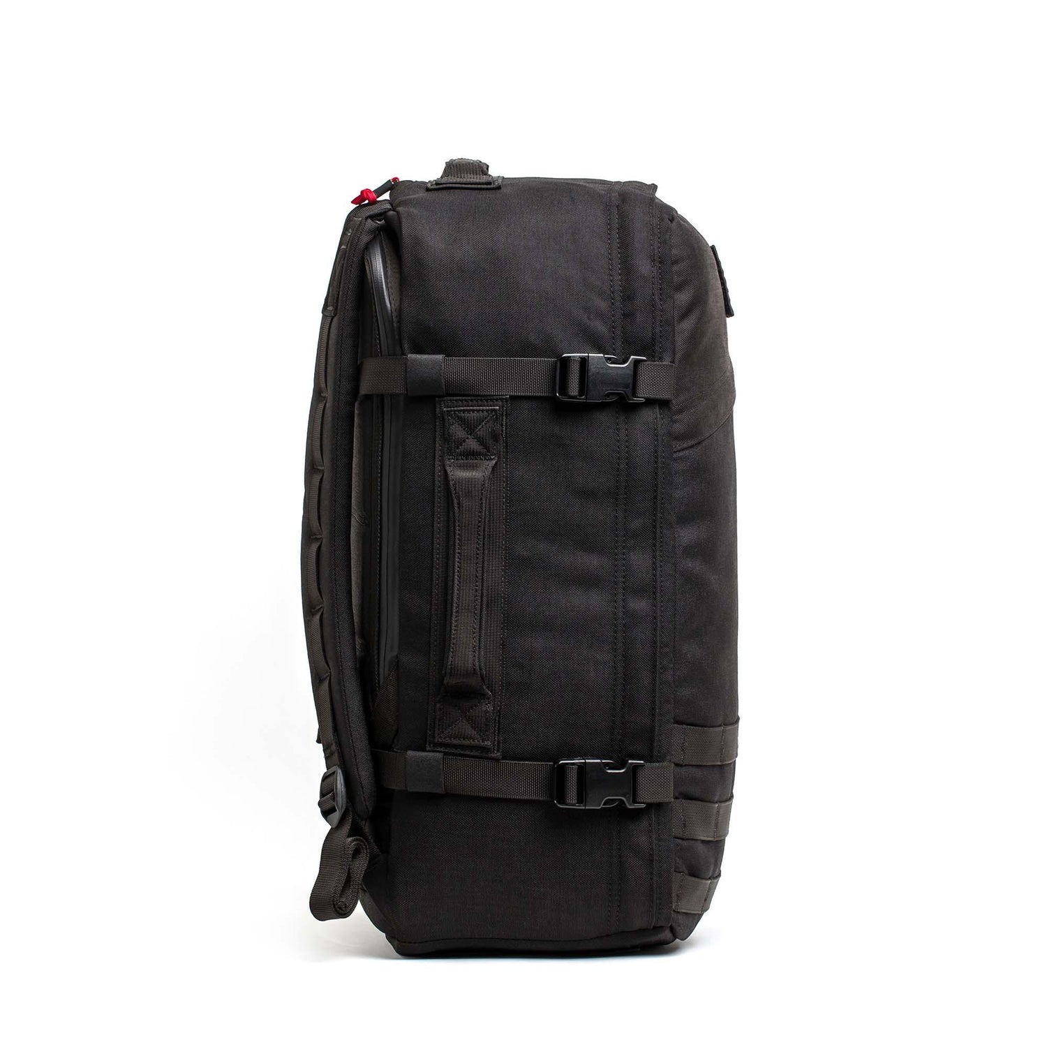 GORUCK black 1000D rucking backpack side view with compression straps and handles