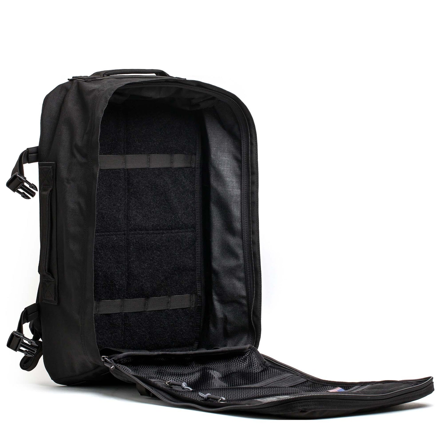 GORUCK black rucksack open to show spacious interior and mesh pocket, rugged rucking gear