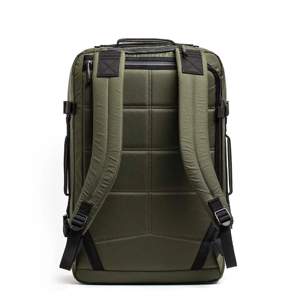 GORUCK dark green tactical rucksack back view with padded straps and durable stitching