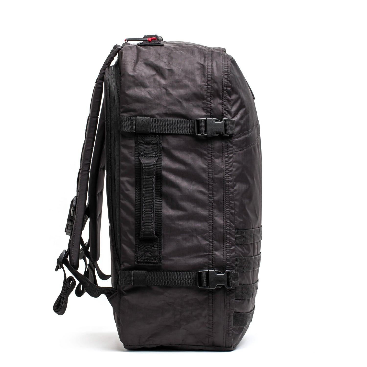 GORUCK black rucksack with side handle, compression straps, and tough Dyneema fabric
