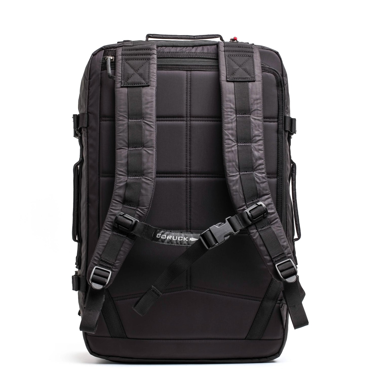 GORUCK black rucksack with padded straps and durable design, rear view on white background