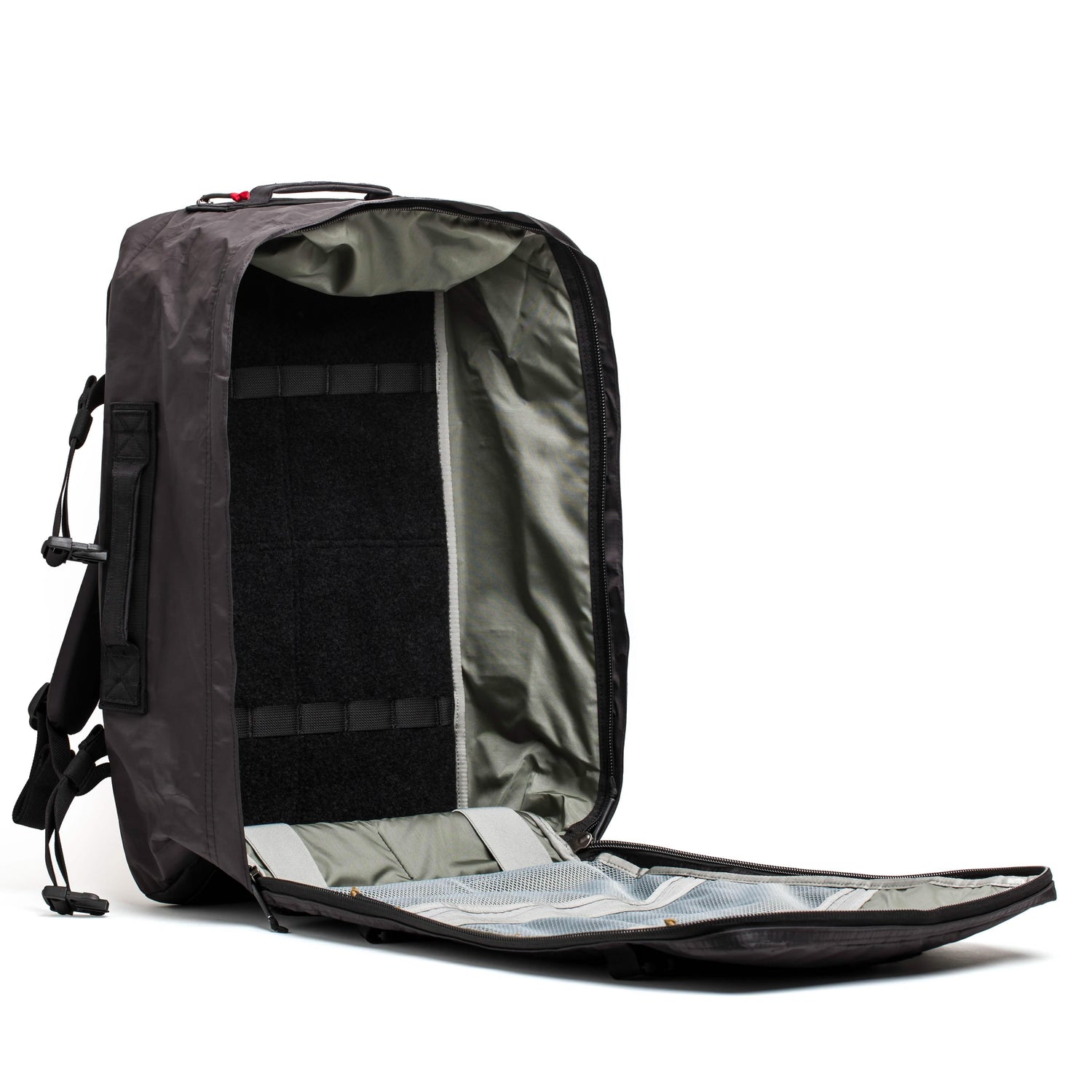 GORUCK black tactical backpack open to show spacious main compartment and interior pocket