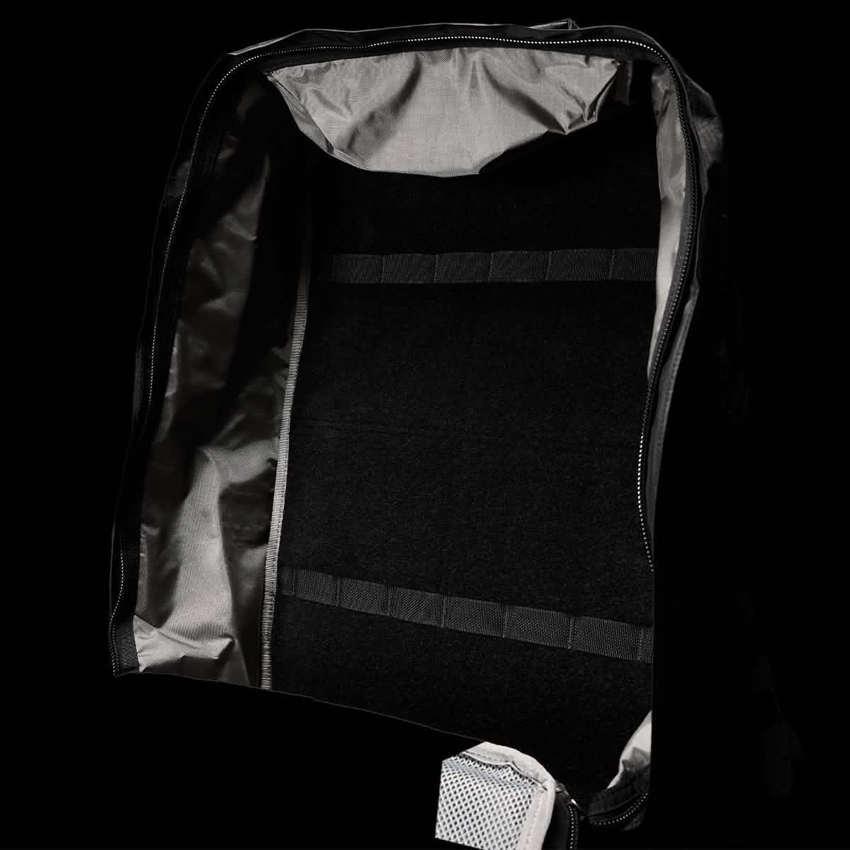 GORUCK GR3 45L Dyneema rucksack open, showing spacious black interior with durable lining