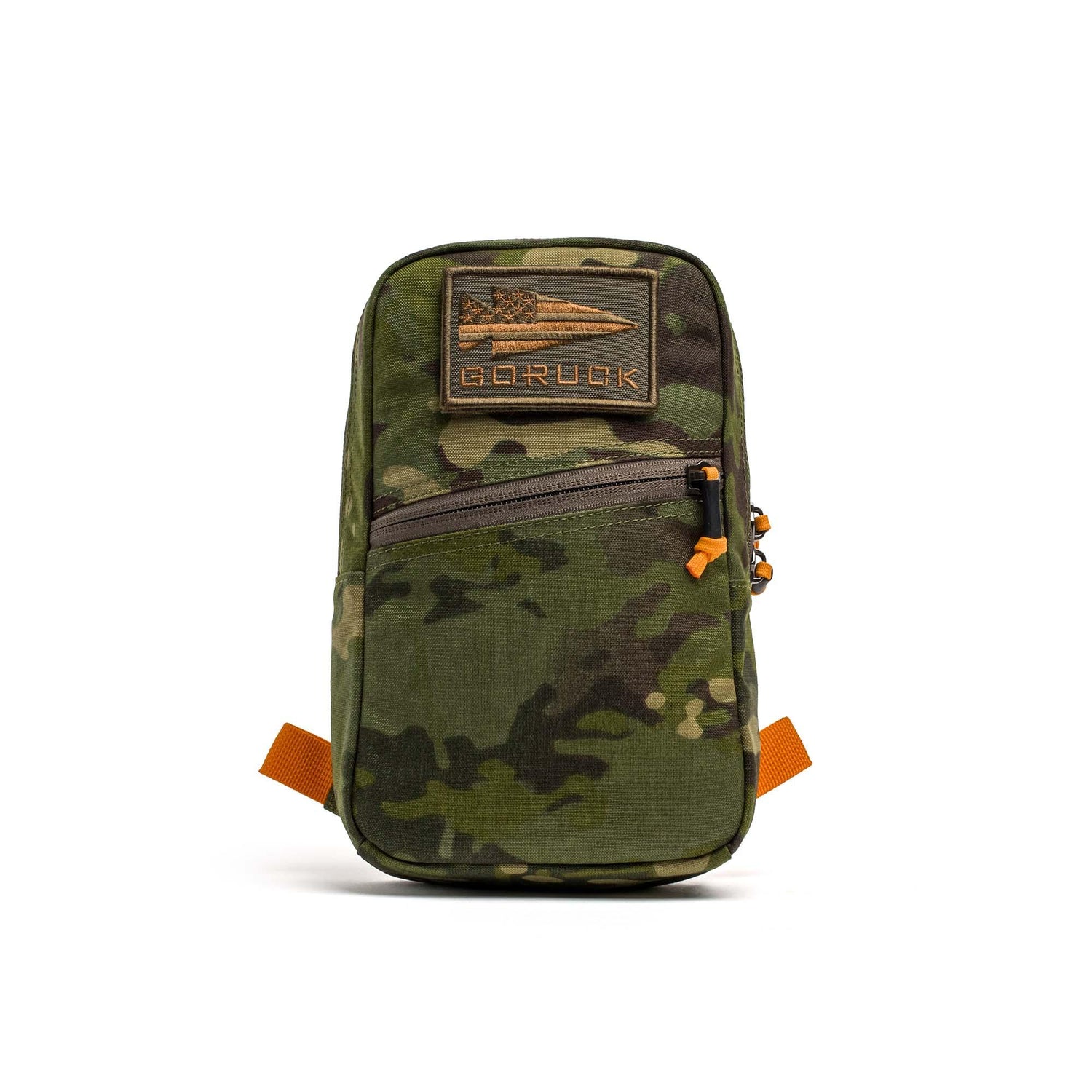 GORUCK small tactical pouch in Tropic Multicam camouflage with high visibility orange accents and zippered front pocket