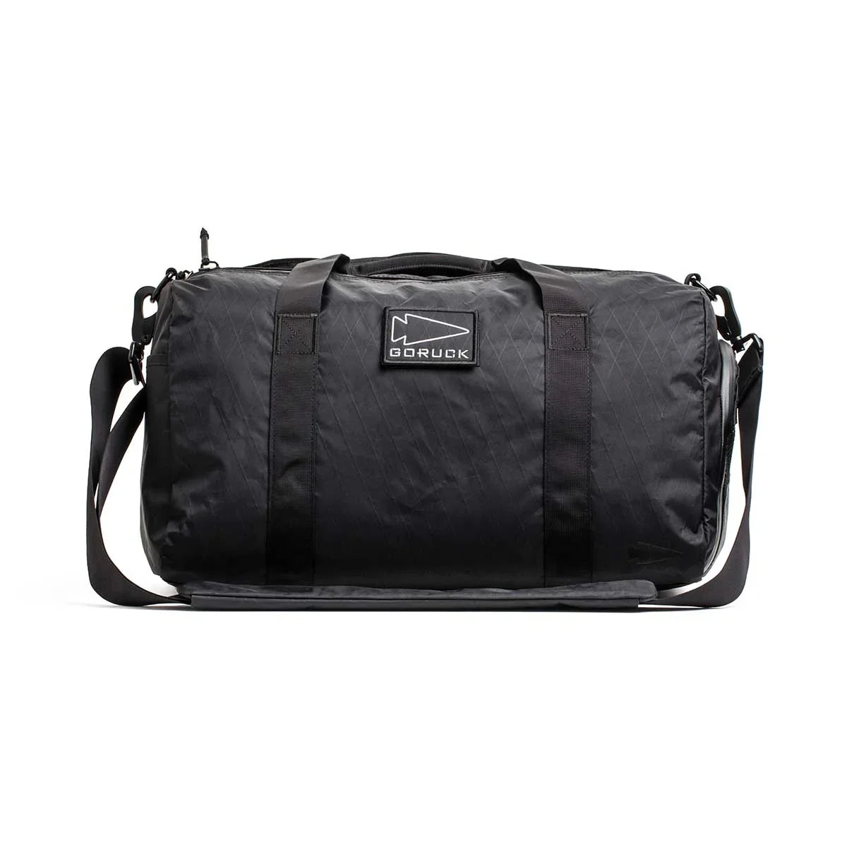 GORUCK black duffel gym bag with shoulder strap, durable rucking gear on white background