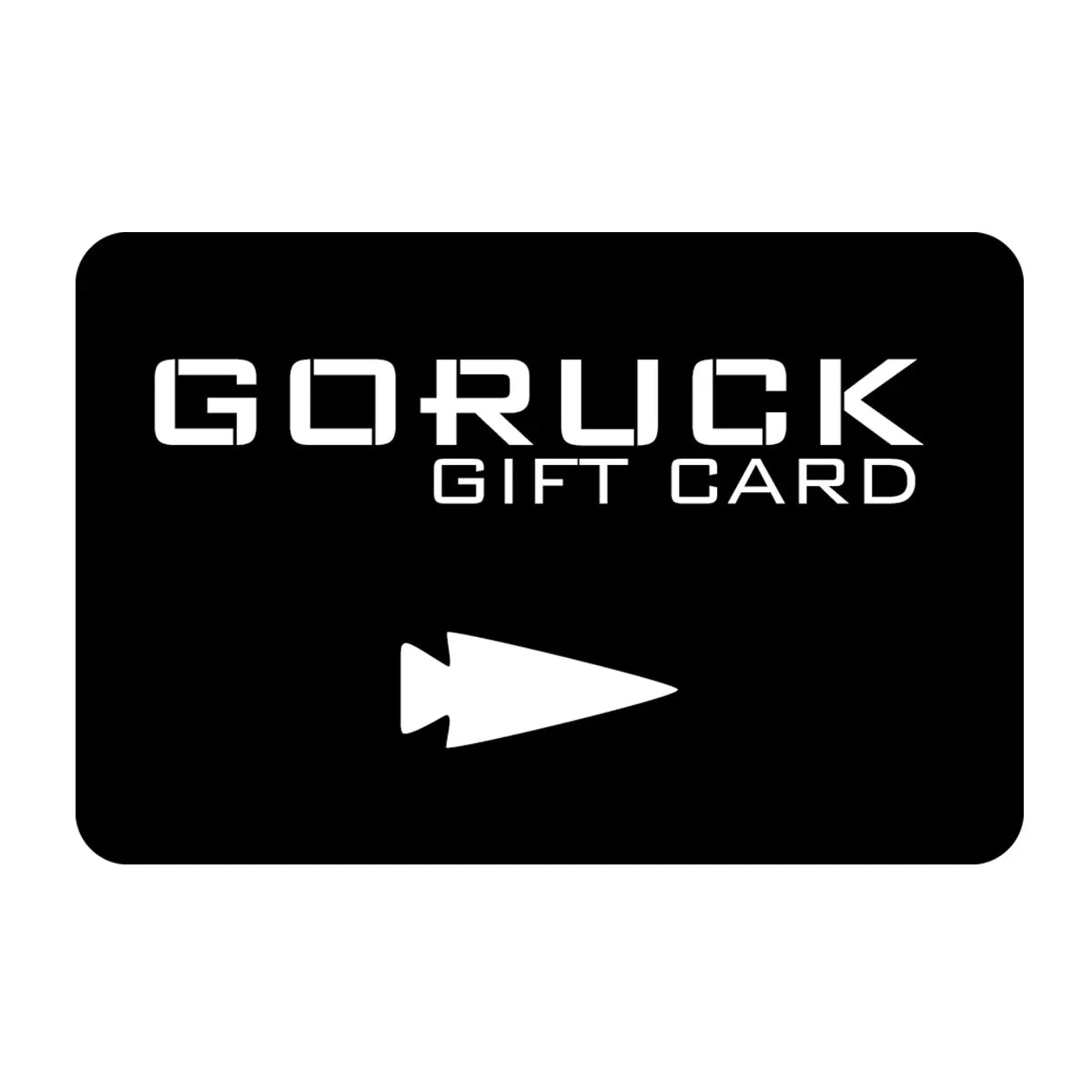Black GORUCK gift card with white logo and arrowhead symbol