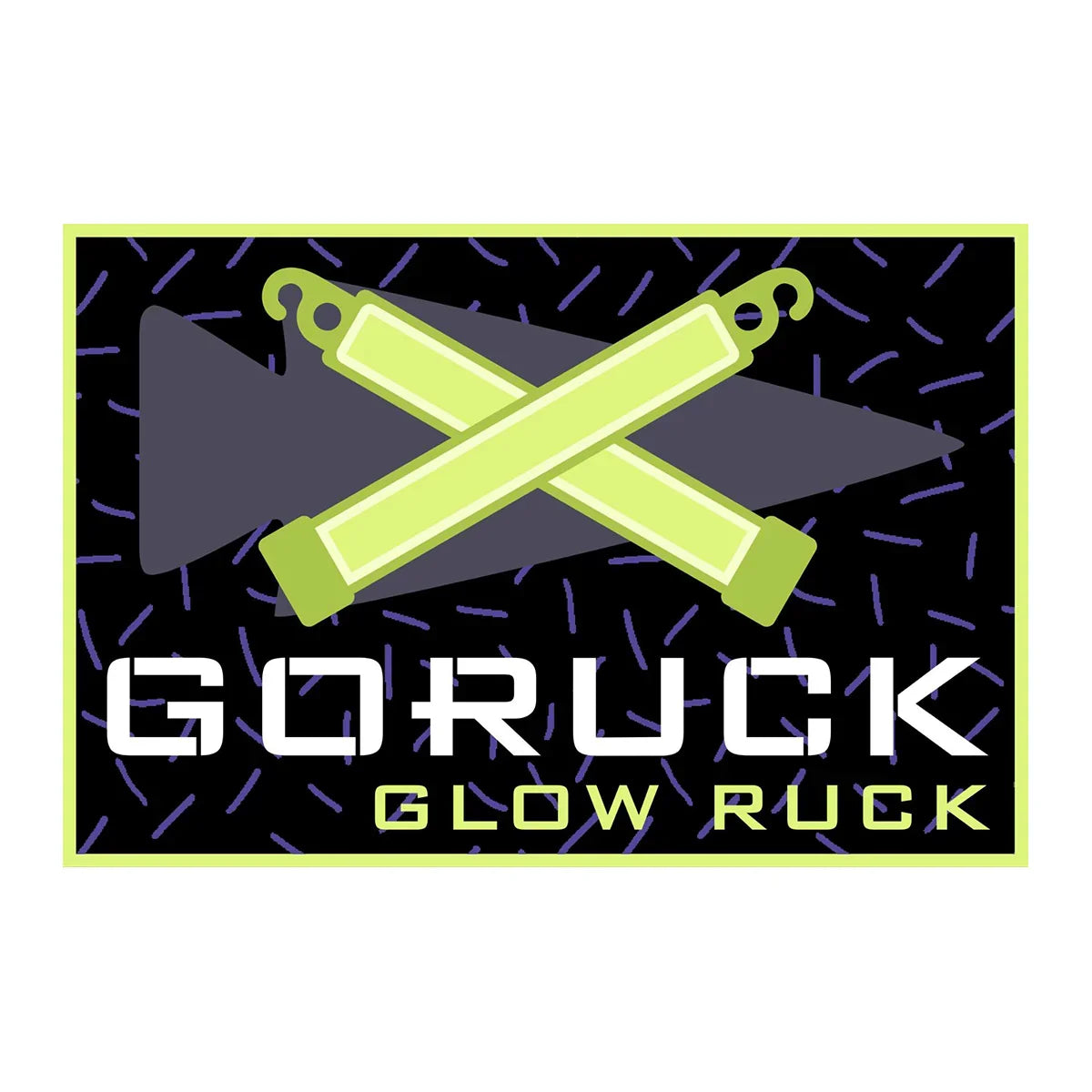 GORUCK Glow Ruck patch with crossed glow sticks and black background with purple sprinkles