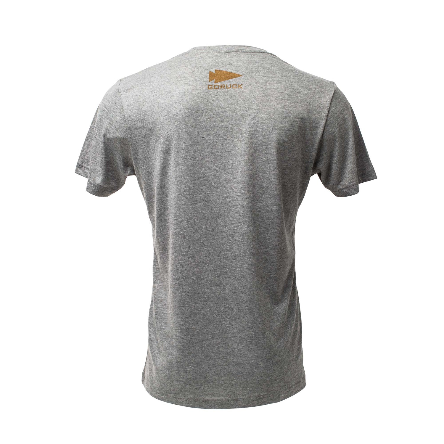 The GORUCK Spearhead Tee - Tri-Blend is a gray short-sleeve shirt shown from the back, made from premium tri-blend fabric and featuring a small spearhead logo near the neckline.
