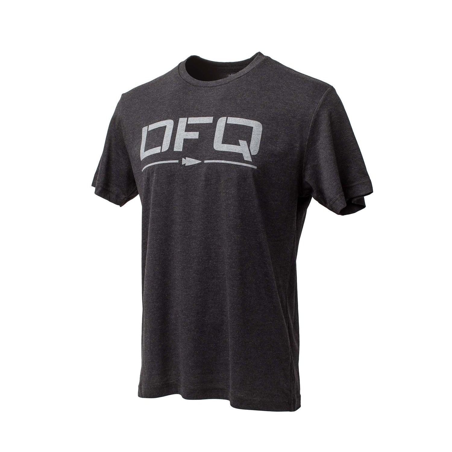 The DFQ Tee - Tri-BlendX is a dark gray premium t-shirt with “DFQ” and a play arrow symbol in white on the front.