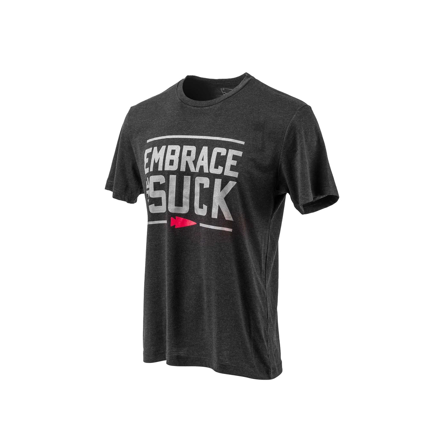 The Embrace the Suck Tee - Tri-Blend features a dark gray design with
